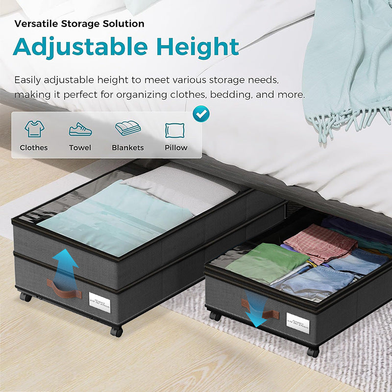 Adjustable-Height Underbed Storage Box with Wheels – Foldable Clothes Organizer with Clear Top